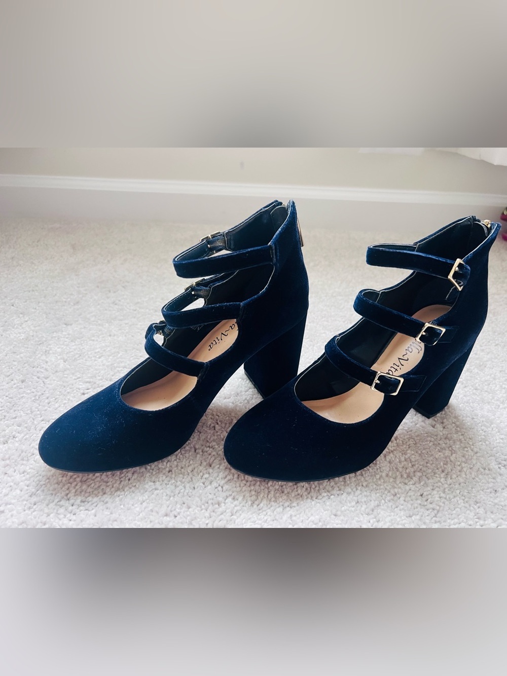 Bella Vita Velvet Triple-Strap Mary Jane Block Heel Pumps - Navy women’s 7M